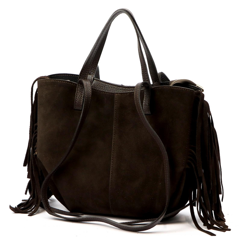 Vera Pelle damska shopperbag zamszowa torebka na ramię z frędzlami