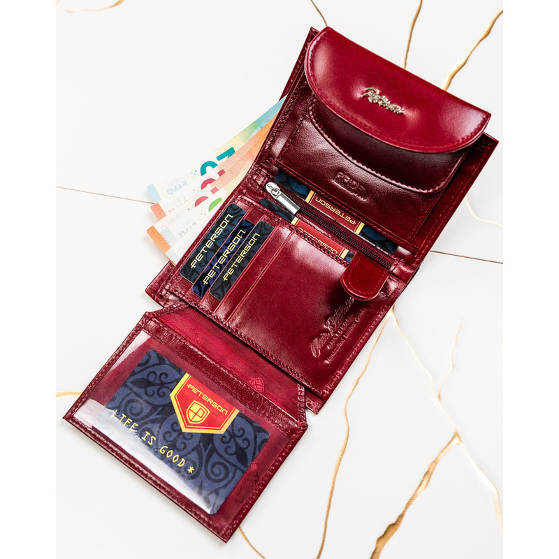 Czerwony, skórzany portfel damski z systemem RFID, zamykany zatrzaskiem - Peterson