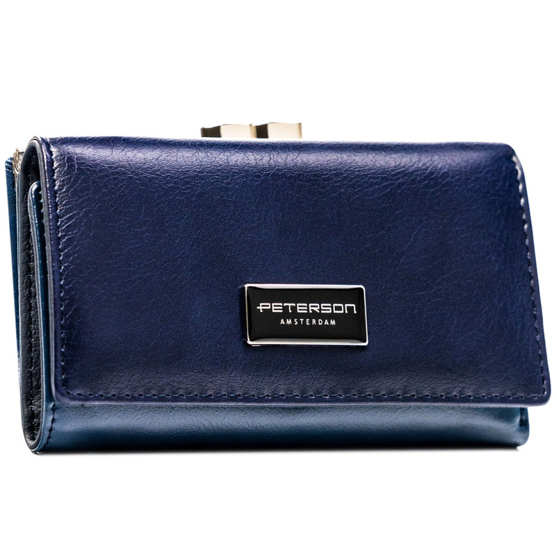Portfel damski ze skóry naturalnej i ekologicznej w granatowym kolorze zamykany na zatrzask i bigiel - Peterson