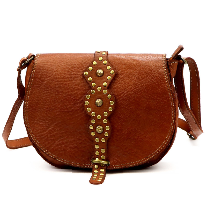 Elegancka damska listonoszka skórzana ze złotymi dżetami torebka na ramię