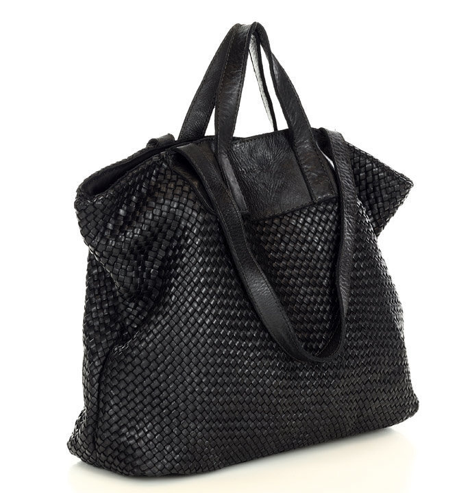 Torba damska pleciona shopper & shoulder leather bag - MARCO MAZZINI czarna