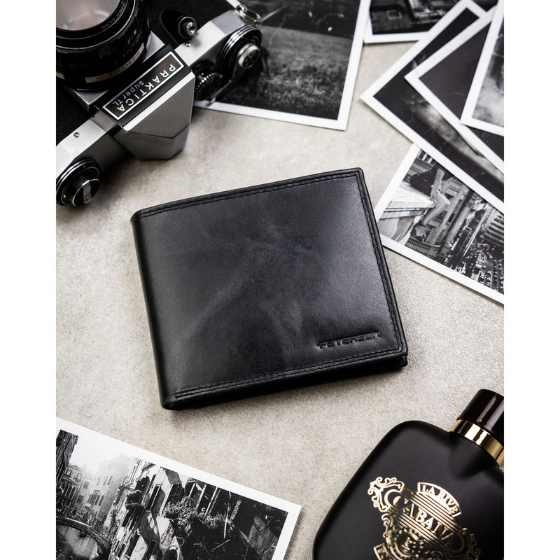 Duży, skórzany portfel męski w czarnym kolorze wyposażony w system RFID - Peterson