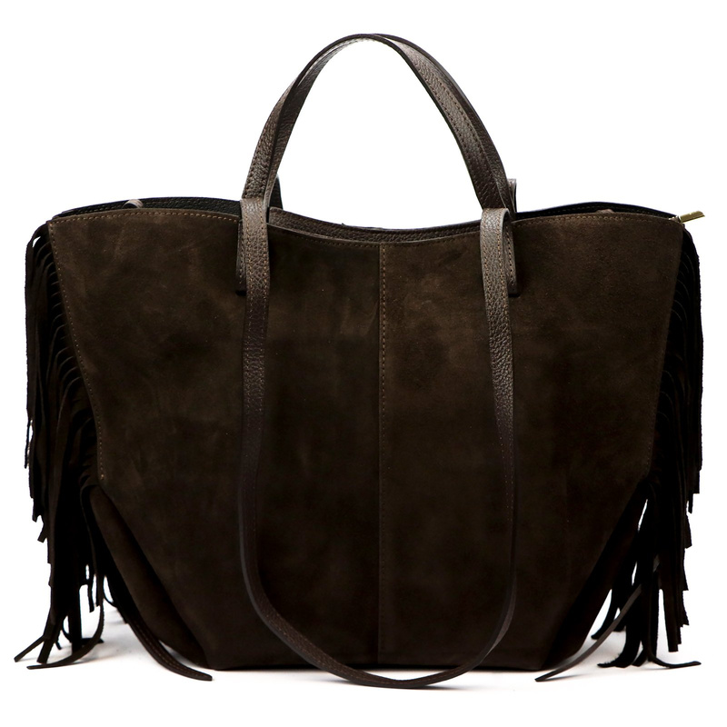 Vera Pelle damska torebka na ramię skórzana z frędzlami boho shopperbag