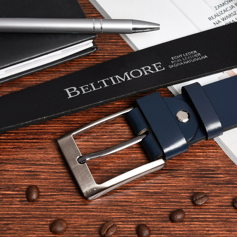 Beltimore skórzany pasek męski granatowy szeroki E02 : Kolory - granatowy, Rozmiar pasków - r.150-165 cm