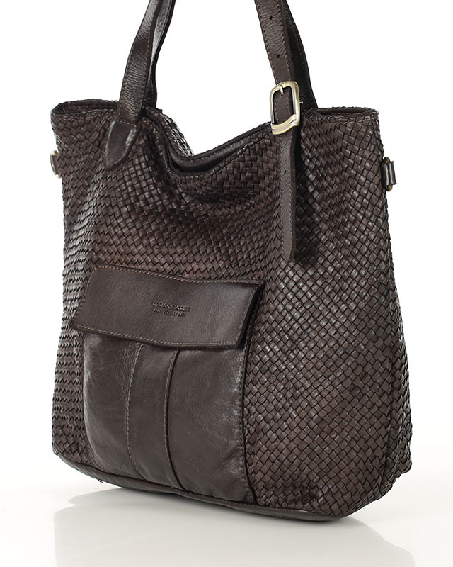 Duża torebka pleciona na ramię shopperka skórzana - MARCO MAZZINI ciemny brąz