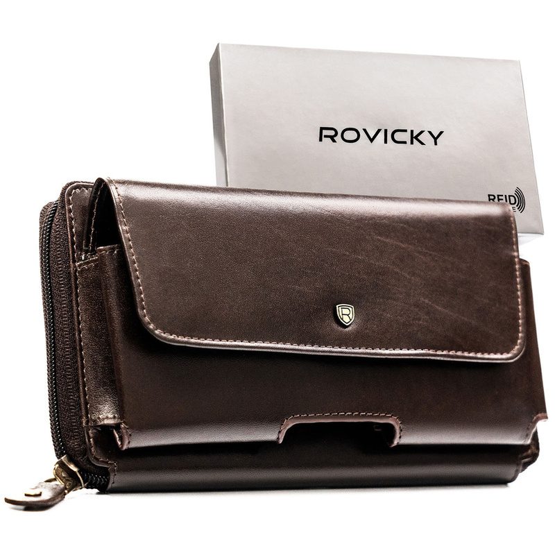 Skórzana, dwukomorowa saszetka męska w brązowym kolorze zamykana suwakiem - Rovicky