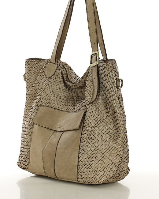 Duża torebka pleciona na ramię shopperka skórzana - MARCO MAZZINI beżowa