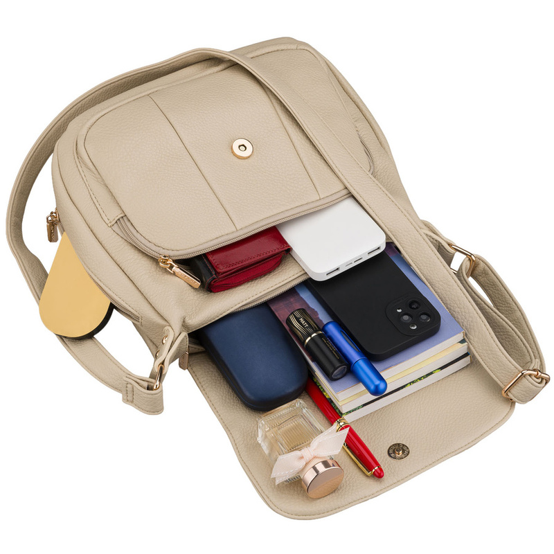 Pojemna, beżowa torebka damska na ramię z kieszeniami - Rovicky