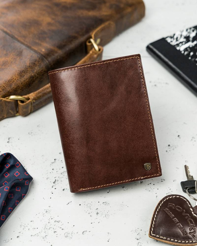 Rovicky męski składany portfel skóra naturalna rozbudowany pionowy RFID