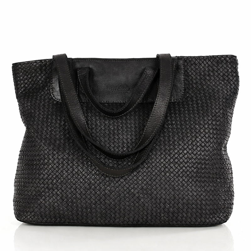 Torba damska pleciona shopper & shoulder leather bag - MAZZINI czarna