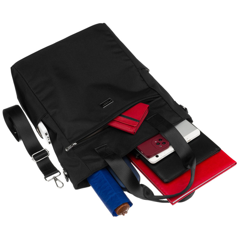 Czarna, pojemna shopperka damska na uchwytach i doczepianym pasku - Peterson