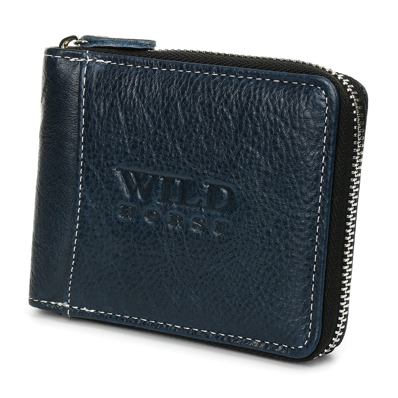 Granatowy Portfel skórzany zasuwany duży Wild RFiD H02