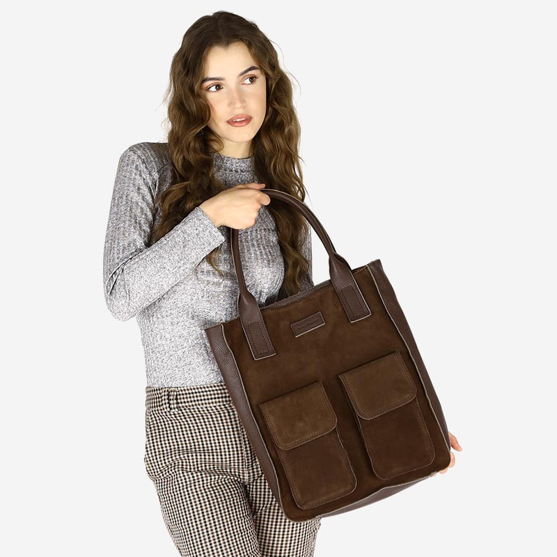 Torebka zamszowa shopper bag z kieszeniami skóra naturalna - MARCO MAZZINI ciemny brąz