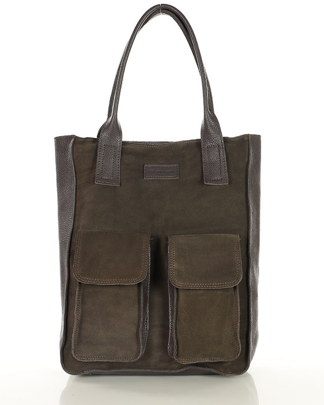 Torebka zamszowa shopper bag z kieszeniami skóra naturalna - MARCO MAZZINI ciemny brąz