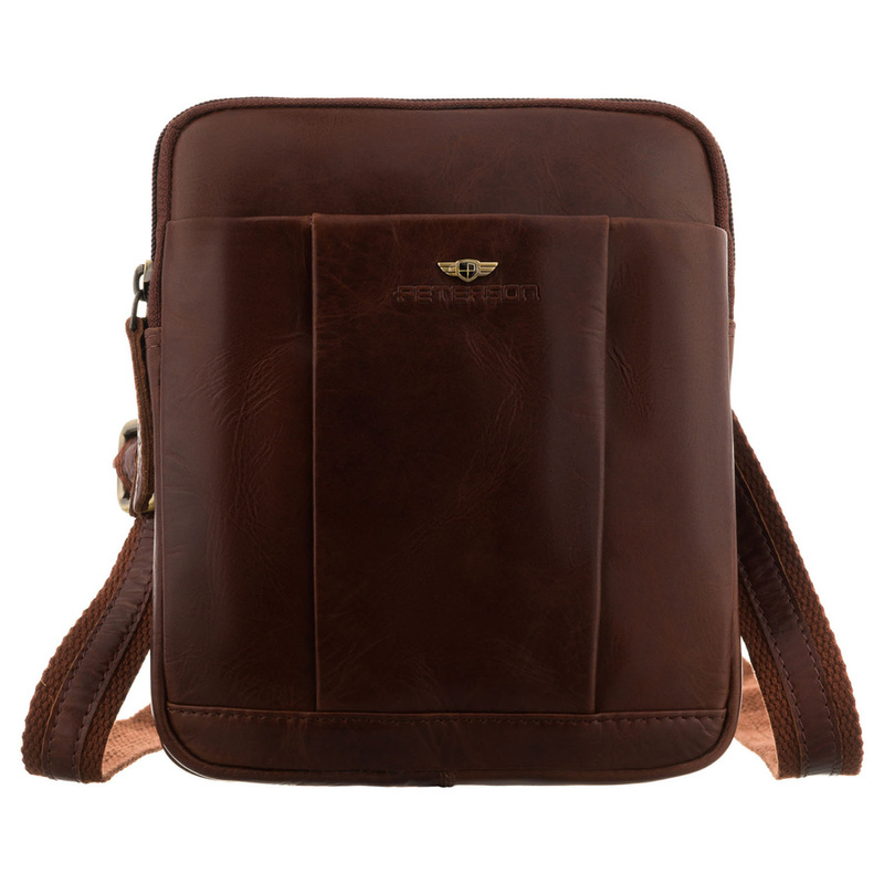 Dwukomorowa, brązowa listonoszka męska ze skóry naturalnej - Peterson