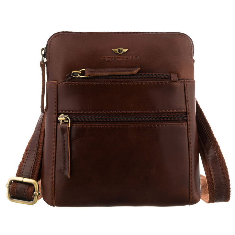 Elegancka, skórzana listonoszka męska w brązowym kolorze zamykana suwakiem - Peterson