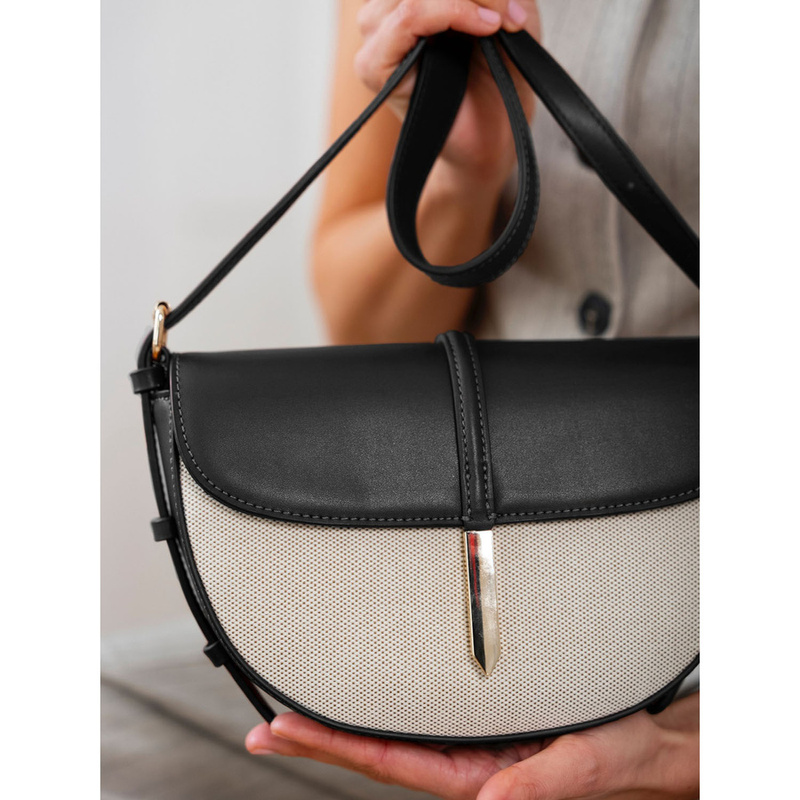 Listonoszka damska crossbody beżowo - czarna ze skóry naturalnej i płótna canvas Peterson