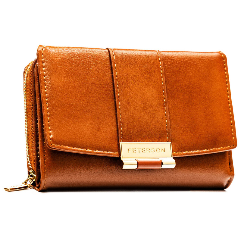 Brązowy portfel damski wykonany ze skóry ekologicznej i zamykany na zatrzask - Peterson