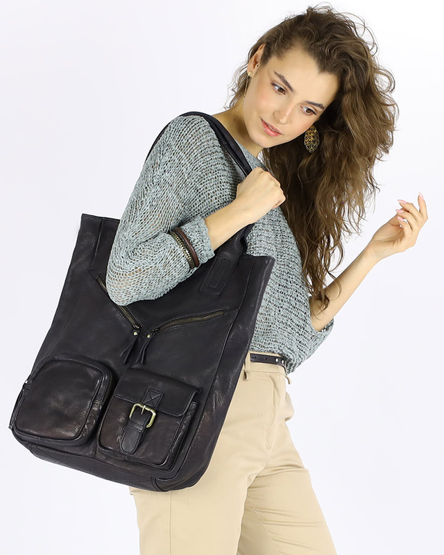 Duża torba shopper z przegródkami skóra naturalna - MARCO MAZZINI czarny