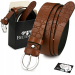 Skórzany pasek damski do spodni sukienki Beltimore brąz 3 cm W82 : Kolory - brązowy, beżowy, Rozmiar pasków - r.95-110 cm