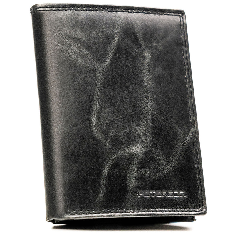 Pionowy, skórzany portfel męski w czarnym kolorze bez zapięcia zewnętrznego - Peterson