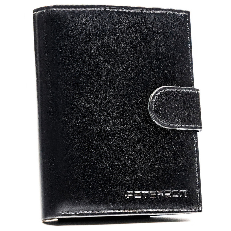 Portfel męski ze skóry naturalnej w czarnym kolorze z systemem RFID i w zestawie z brelokiem - Peterson
