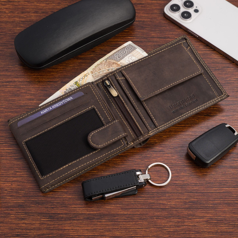 Portfel skórzany męski brąz nubuk poziomy skóra ciężarówka RFiD Beltimore R97