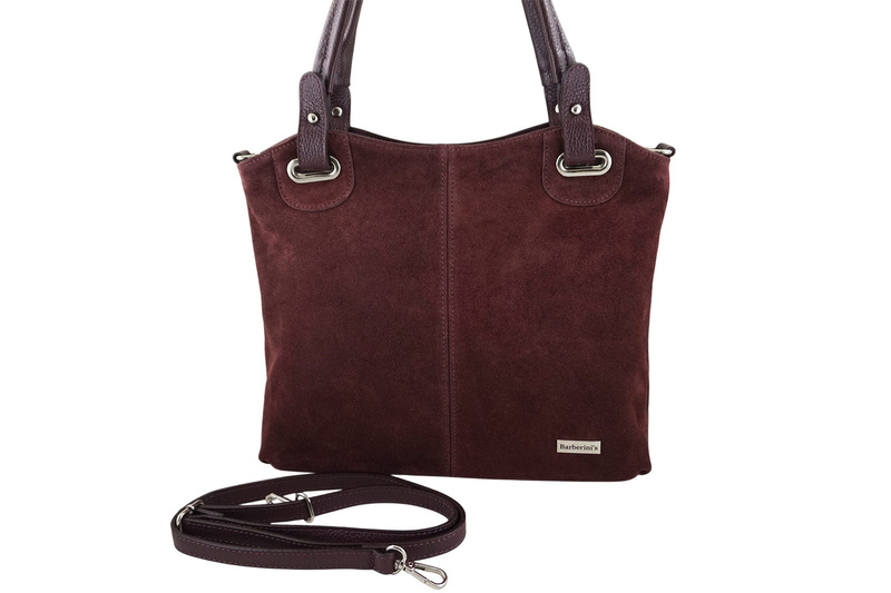 Duża elegancka torebka z naturalnej skóry i zamszu - Bordowa