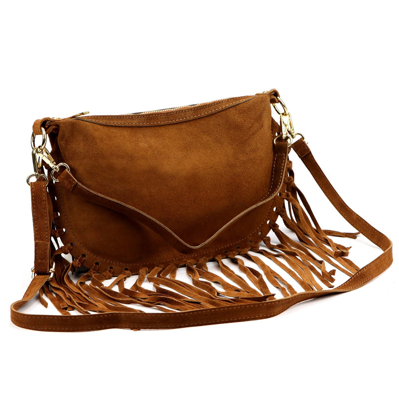 Luka Zamszowa damska listonoszka skórzana z frędzlami torebka na ramię