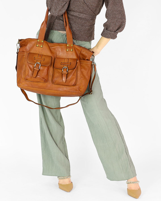 Torba skórzana shopper XL na ramię z dwoma kieszeniami MARCO MAZZINI brąz camel