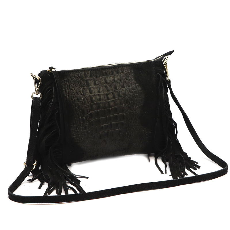 Vera Pelle skórzana damska listonoszka torebka przez ramię z frędzlami