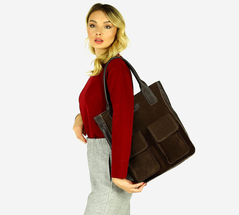 Torebka zamszowa shopper bag z kieszeniami skóra naturalna - MARCO MAZZINI ciemny brąz
