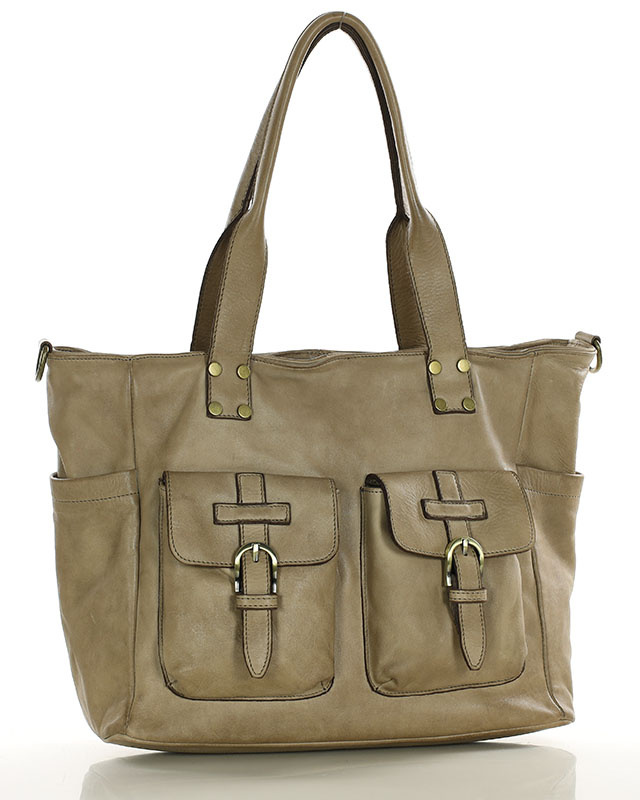 Torba skórzana shopper XL na ramię z dwoma kieszeniami MARCO MAZZINI beżowa