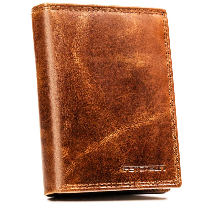 Pionowy, skórzany portfel męski w brązowym kolorze bez zapięcia zewnętrznego - Peterson
