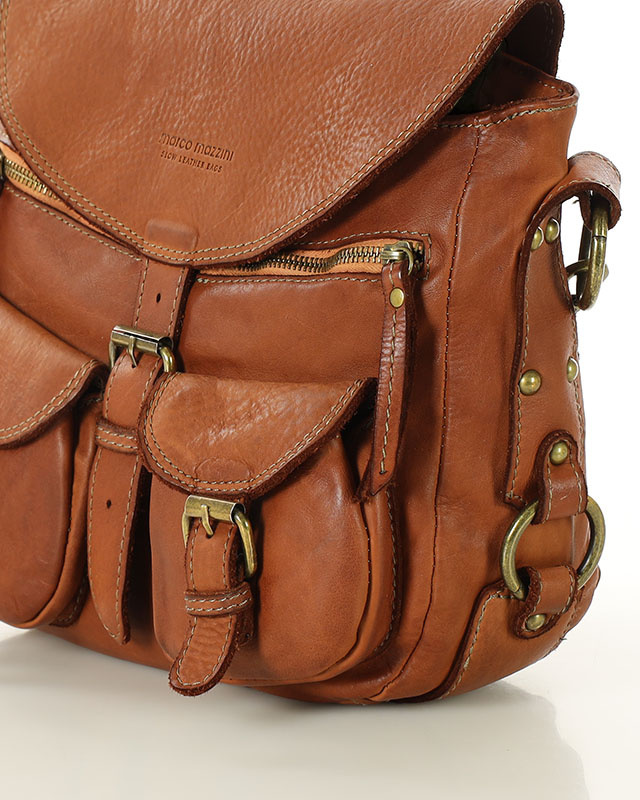 MARCO MAZZINI Skórzana torebka listonoszka z kieszeniami safari handmade bag camel