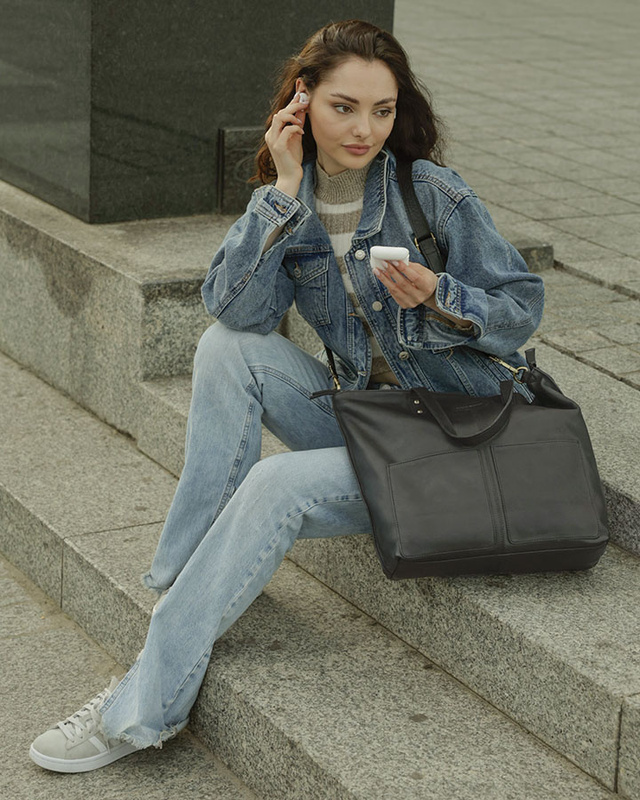 Torebka skórzana czarna duża typu shopper  - MARCO MAZZINI