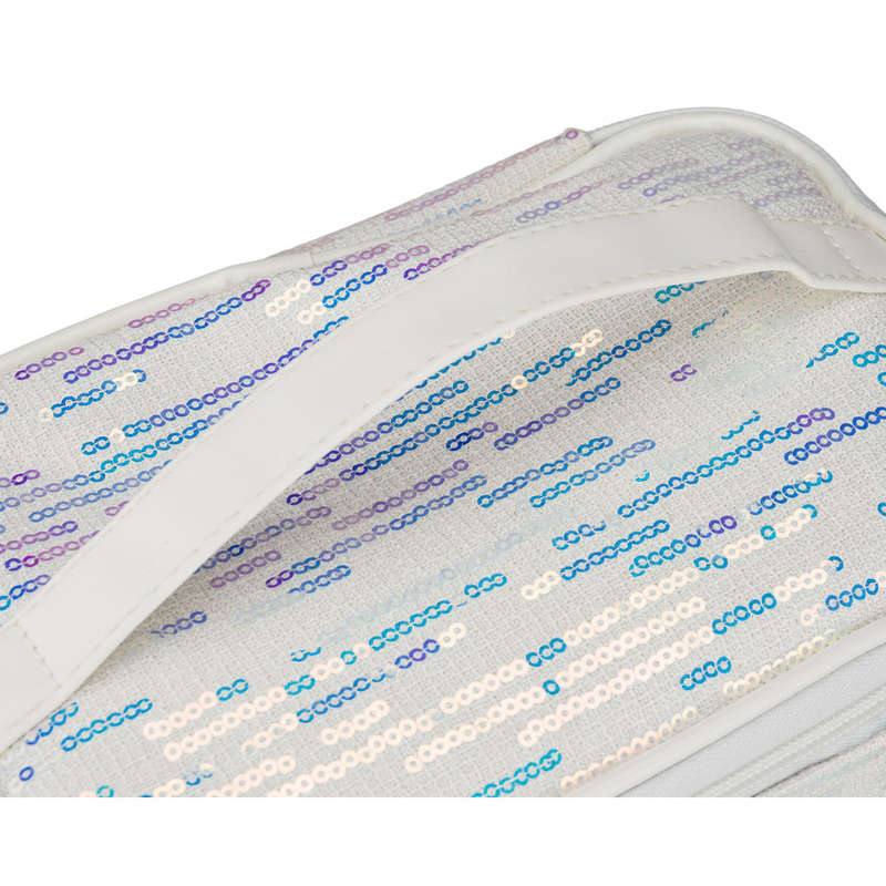 Biała kosmetyczka z tkaniny syntetycznej ozdobiona cekinami, wyposażona w wygodny uchwyt - Peterson