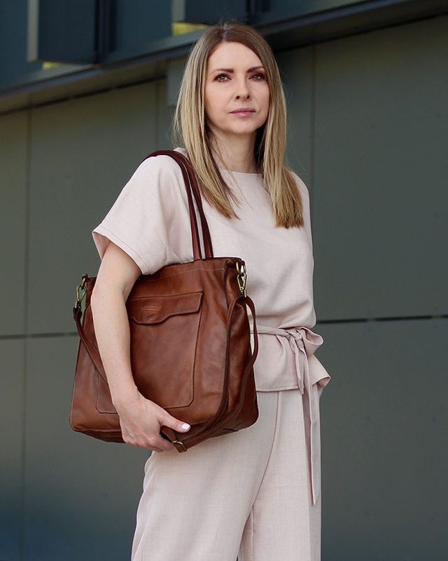 Torba shopper brązowa czekoladowa z kieszeniami skóra naturalna – MARCO MAZZINI