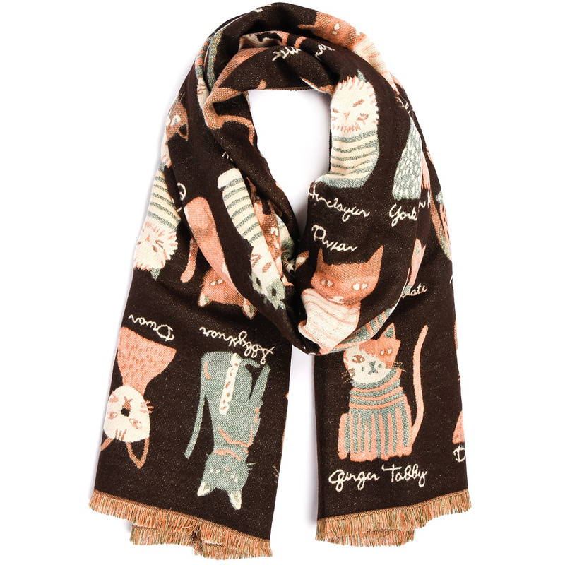 Brązowy Duży Szalik Damski bawełniany ciepły dwustronny koty AX-128