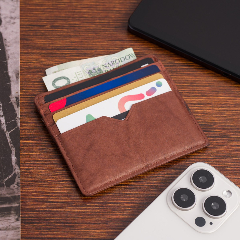 Etui na dokumenty karty wizytówki skórzane slim portfel brązowe Beltimore E49