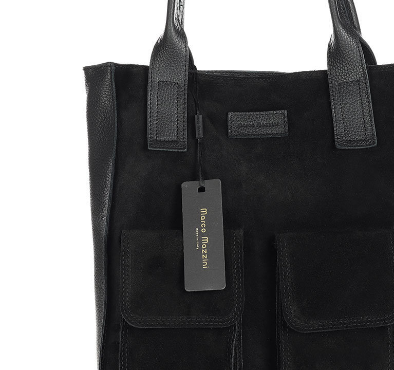 Torebka zamszowa shopper bag z kieszeniami skóra naturalna - MARCO MAZZINI czarny