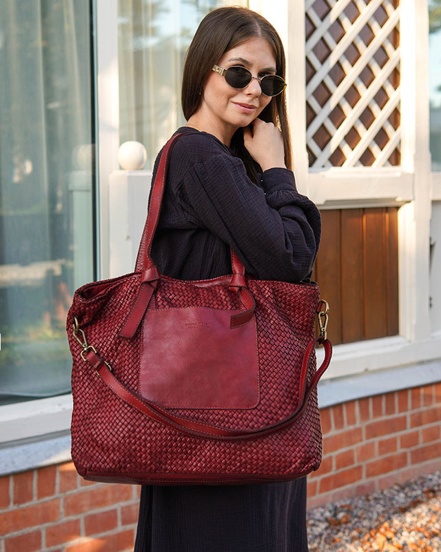 Oryginalna torebka pleciona damska skórzany shopper bag - MARCO MAZZINI bordowy czerwony