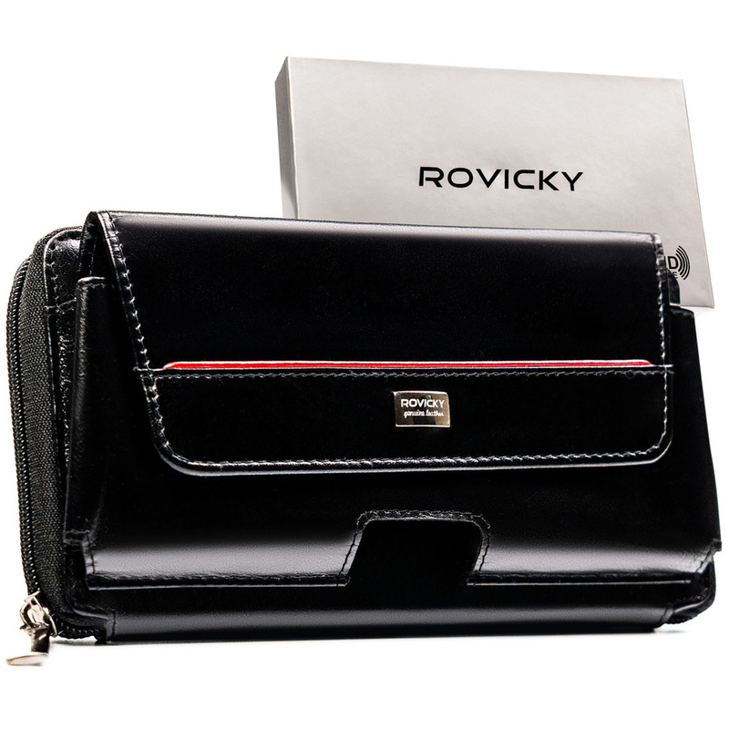 Skórzana, czarna saszetka męska z systemem RFID - Rovicky