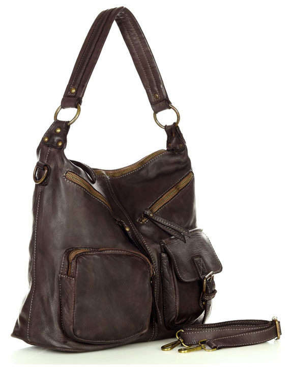 Torebka skórzana na ramię pockets old pelle lavata - MARCO MAZZINI ciemny brąz