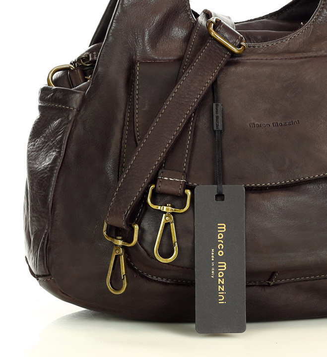 Włoska torebka skórzana z kieszenią z przodu retro bag handmade - MARCO MAZZINI ciemny brąz caffe