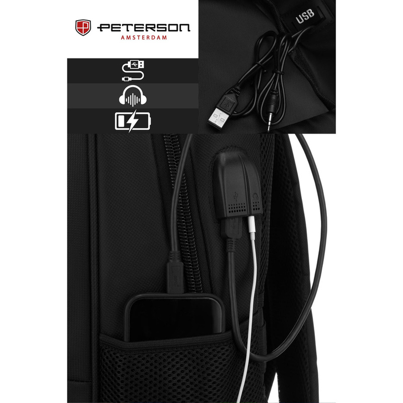Plecak szkolny z poliestru w czarnym kolorze z portem USB  - Peterson
