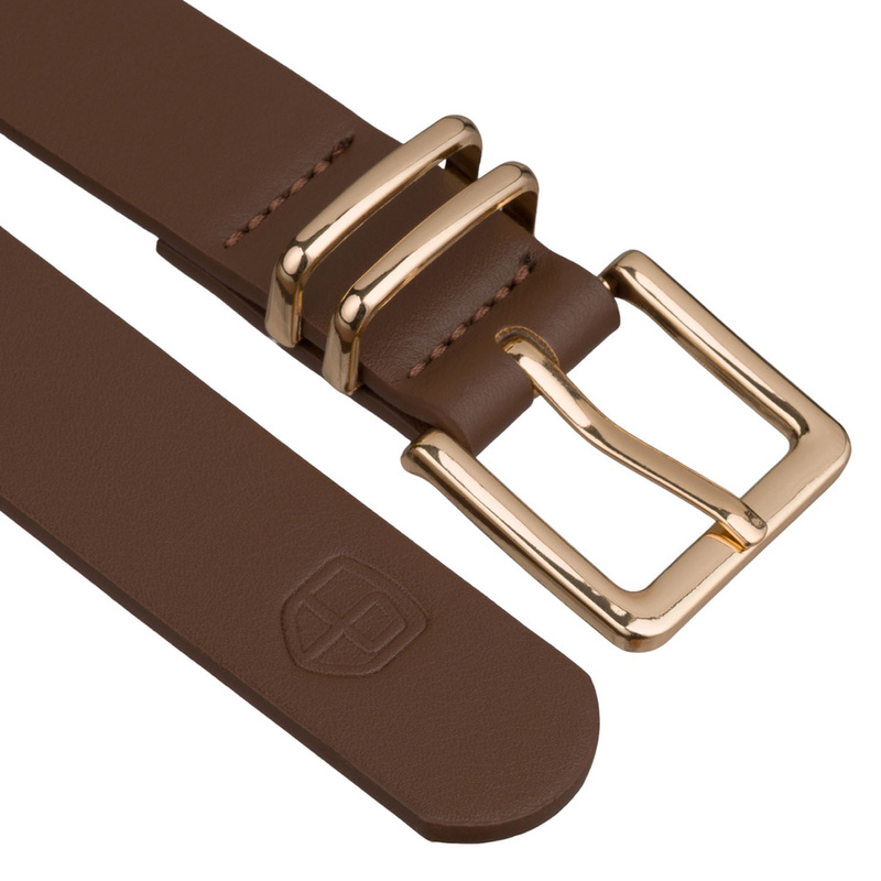 Wąski pasek damski ze skóry ekologicznej w kolorze khaki ze złotą klamrą - Peterson