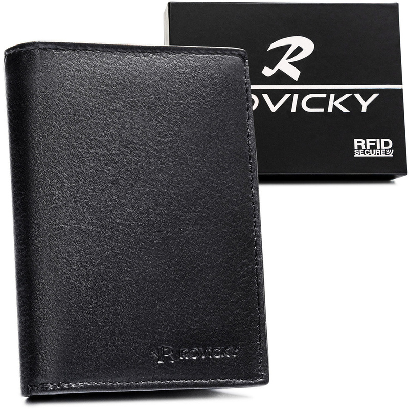 Duży portfel męski ze skóry naturalnej w czarnym kolorze, mieszczący dowód rejestracyjny - Rovicky