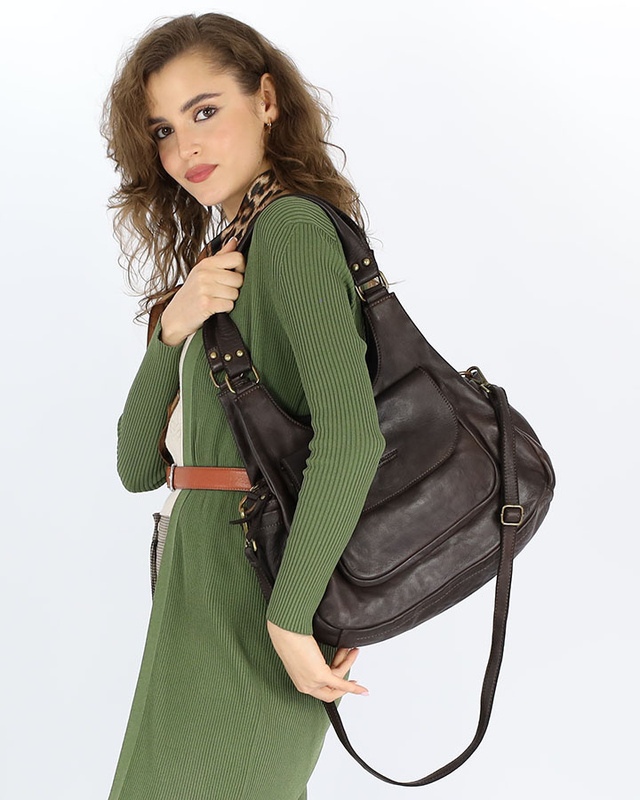 Włoska torebka skórzana z kieszenią z przodu retro bag handmade - MARCO MAZZINI ciemny brąz caffe