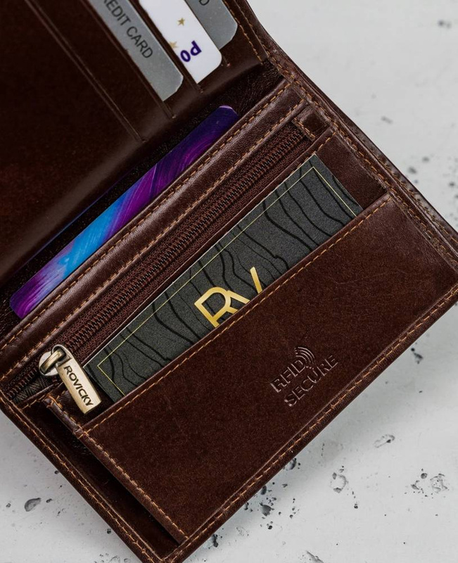 Rovicky męski składany portfel skóra naturalna rozbudowany pionowy RFID